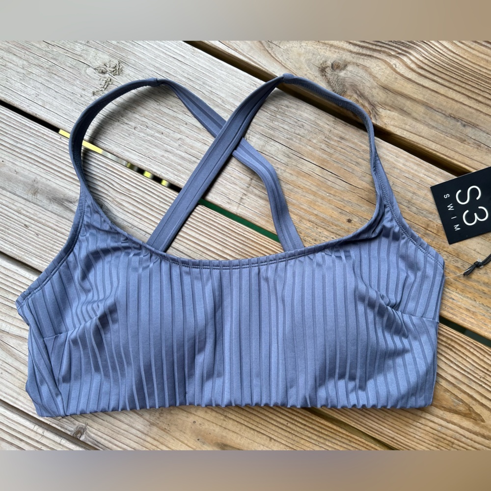 S3 Swimwear extra large Blue Ribbed Scoop Neck criss cross bikini top - Picture 2 of 5